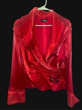 Cachet Red Satin Draped Wrap Blazer